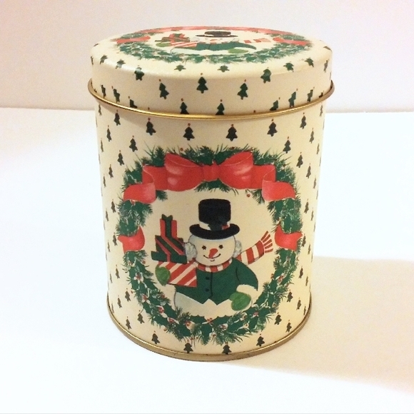 Other - Vintage Christmas Tin with Festive Snowman and Wreath Graphics for the Holidays